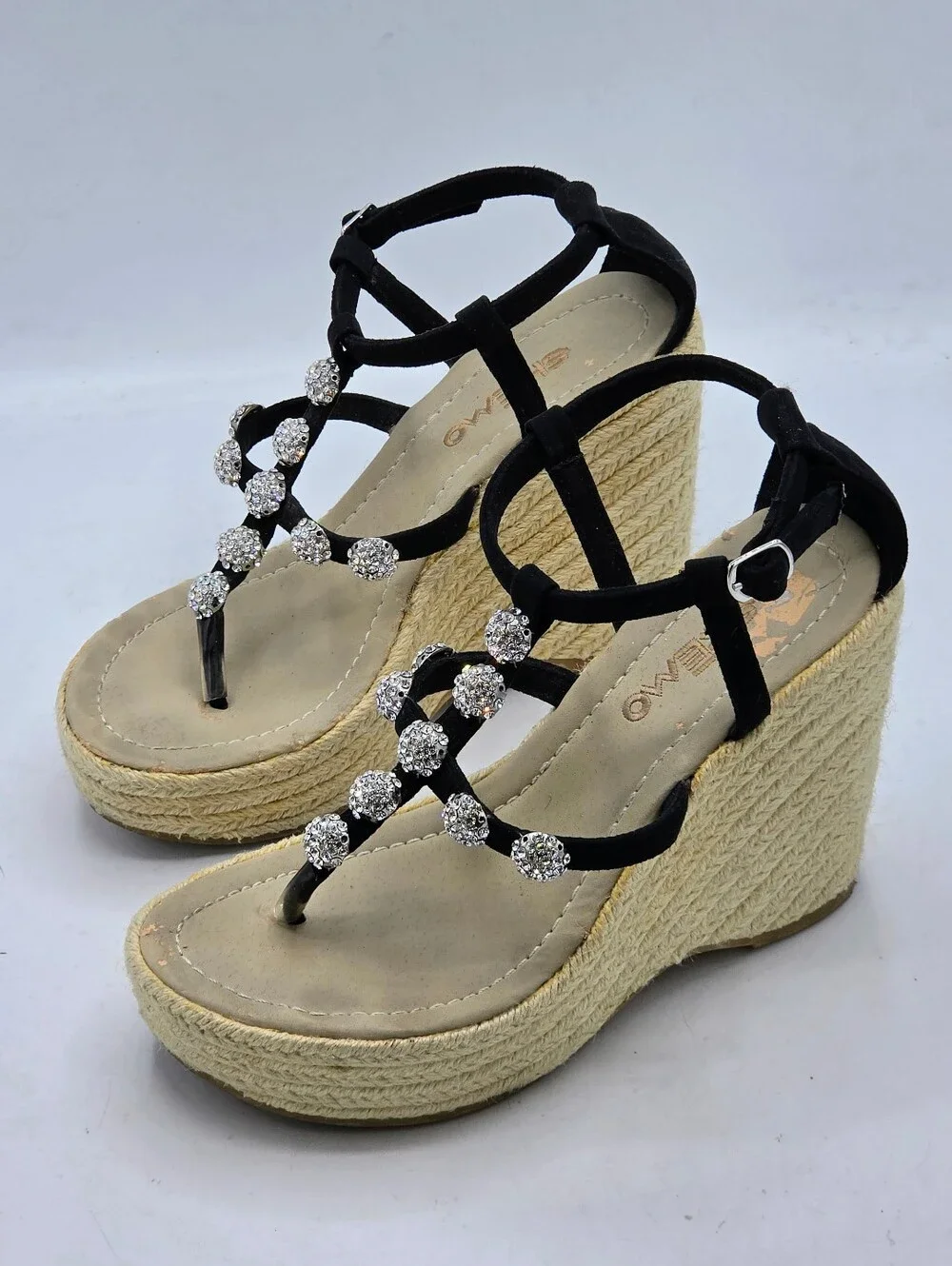 Skemo Rhinestone Espadrille Wedge Sandals Black Suede Strappy Size 7